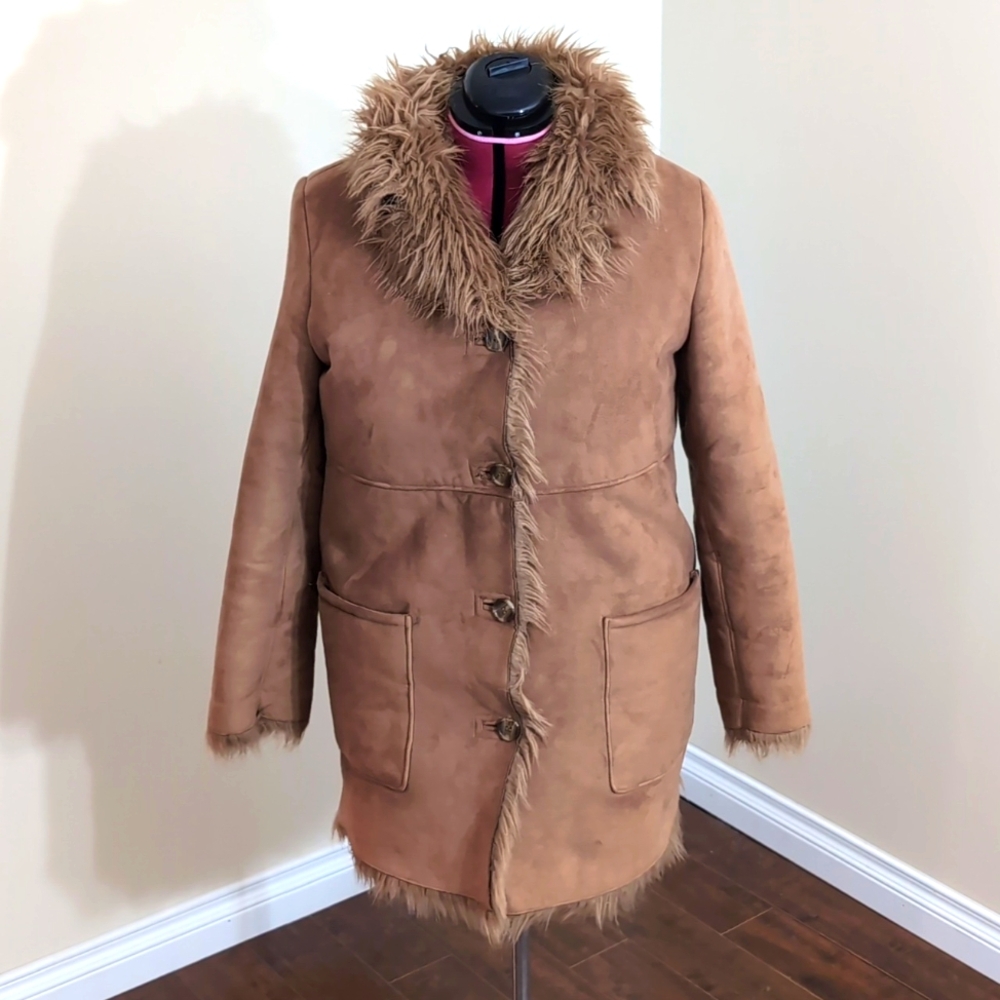Novelti| Tan Brown Camel Toned Faux Fur Afghan Coat Button Up with Pockets - Picture 1 of 16